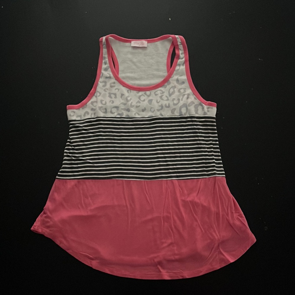 Pink Lily Tank Top, Size Small, Gray Animal Print, Black and White Stripes, Pink